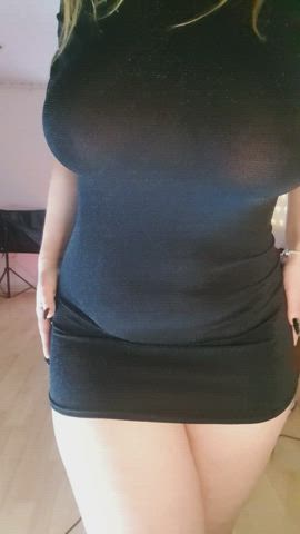 Well, that's me, a thick, curvy Slavic woman with big boobs, on me - a very tight black dress and a dildo rubbing against my massive, strong thighs and tiny, tight pussy. Kisses