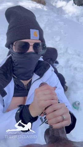 Warming up that big cock during the snow hike 